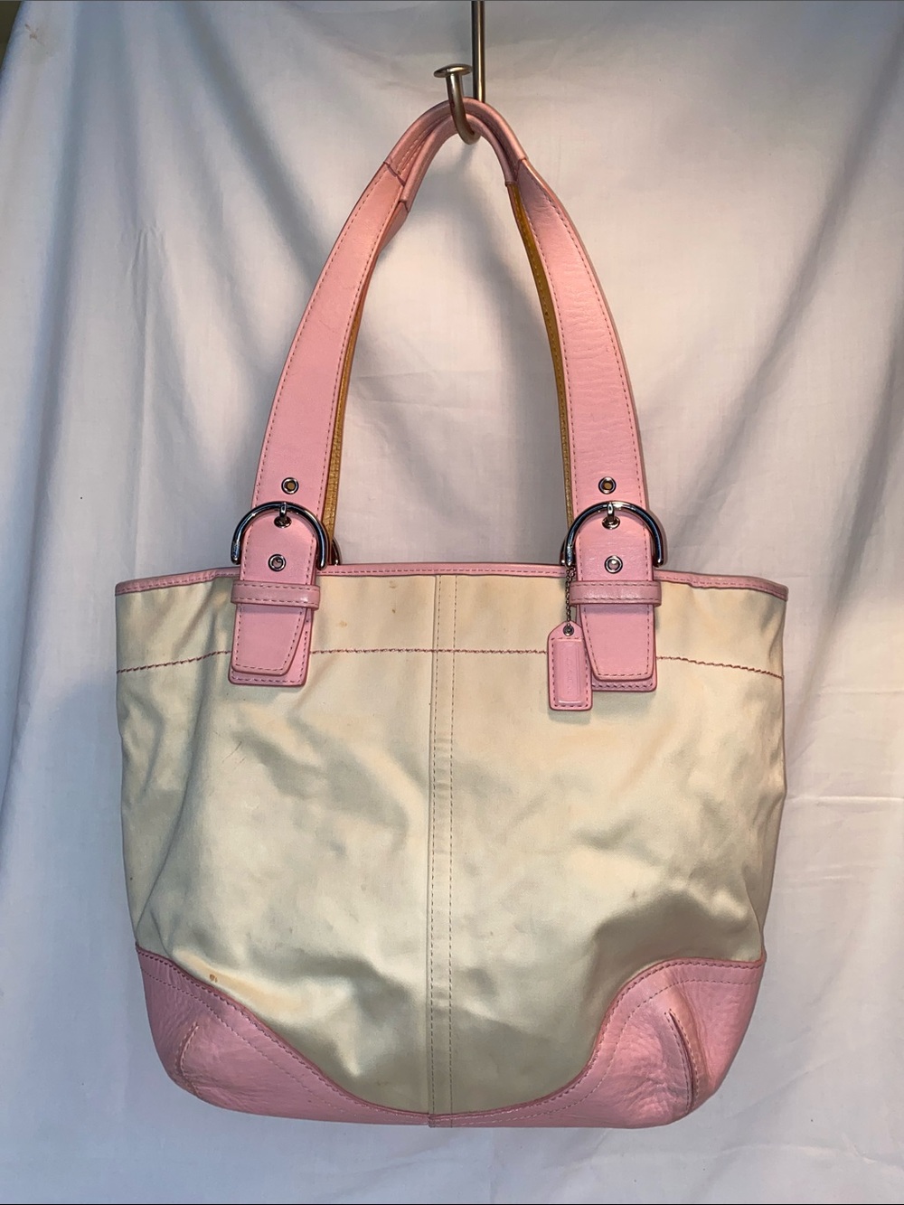 Coach Cream and Rose Pink Leather-Trim Multifunction Tote Bag